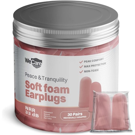 Wecare Foam Earplugs, 33 dB, Pink, 30 PK WMN100196